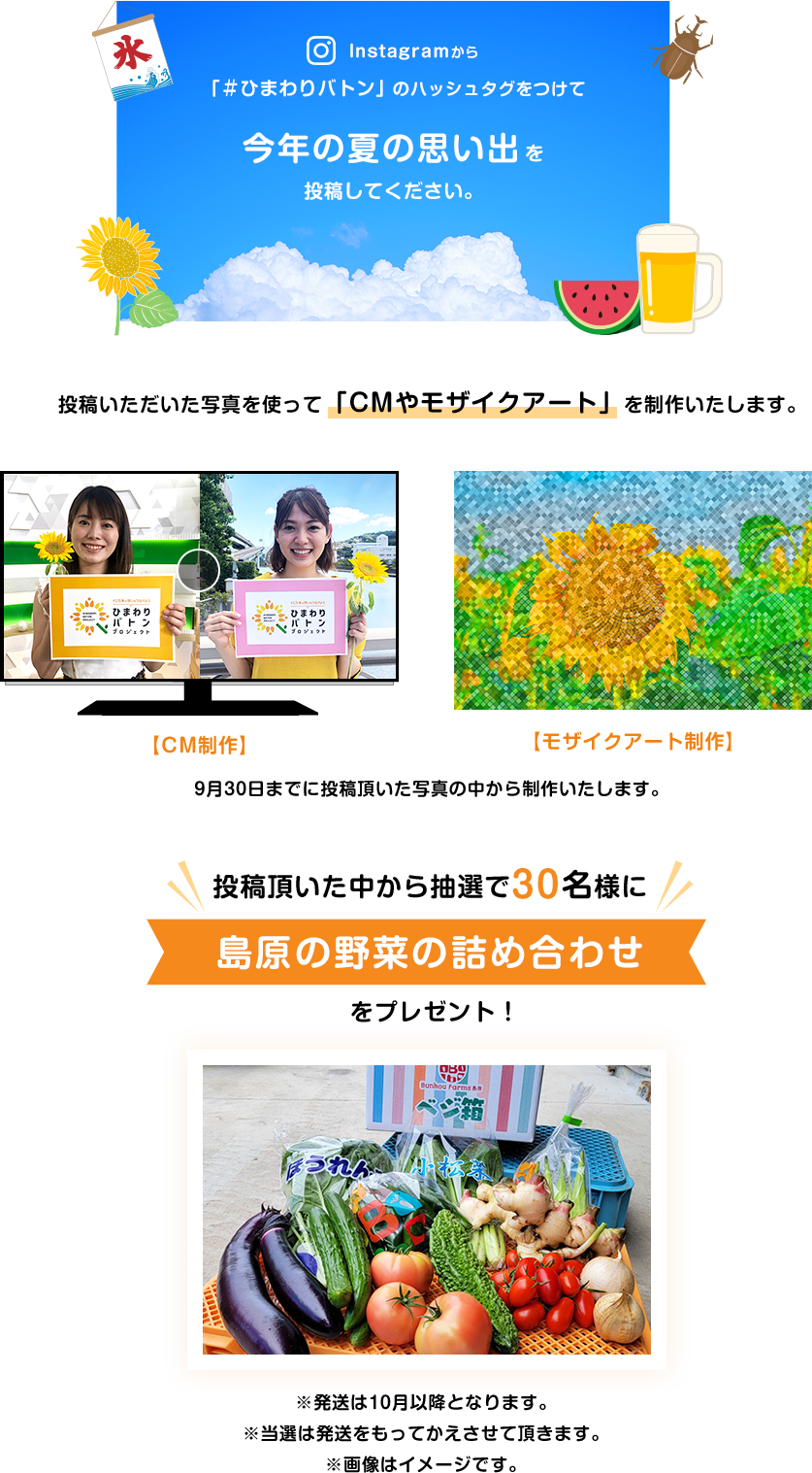 Instagramから「＃ひまわりバトン」のハッシュタグをつけて今年の夏の思い出を投稿してください。投稿いただいた写真を使って「CMやモザイクアート」を制作いたします。【CM制作】 【モザイクアート制作】 9月31日までに投稿頂いた写真の中から制作いたします。 投稿頂いた中から抽選で30名様に島原の野菜の詰め合わせをプレゼント！※発送は10月以降となります。※当選は発送をもってかえさせて頂きます。※画像はイメージです。